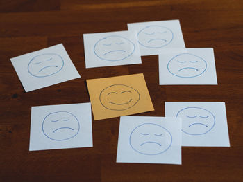 Close-up of text notes with happy face among sad faces