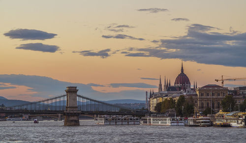 Bridge over river in city against sky during sunset