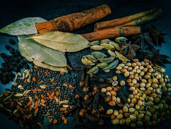 High angle view of indian asia spice's herb's ingredients