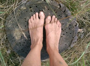 Overhead view shot of foot and wood stump on grass