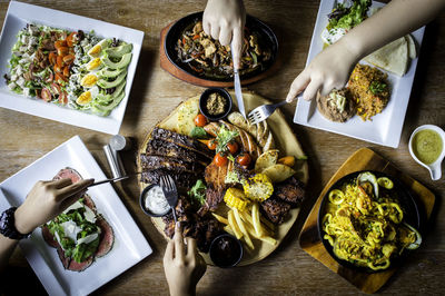 High angle view of food served on table