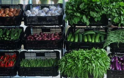 High angle view of vegetables for sale at market stall