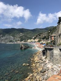 Scenic view of sea and buildings against sky