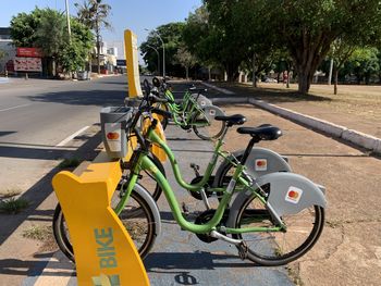 Bicycle parked on street in city