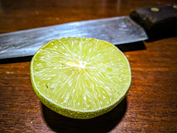 High angle view of lemon slice on table