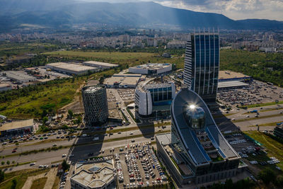 High angle view of buildings in city