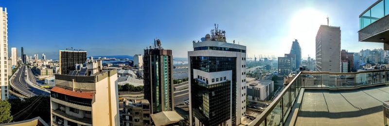 Panoramic view of buildings in city against sky