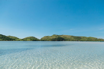 Scenic view of sea against clear blue sky