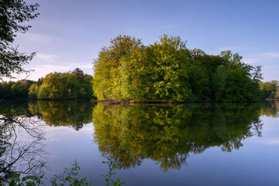 Panoramic image of beautiful and idyllic bensberg lake, bergisch gladbach, germany