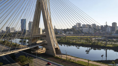 Bridge over river with buildings in background