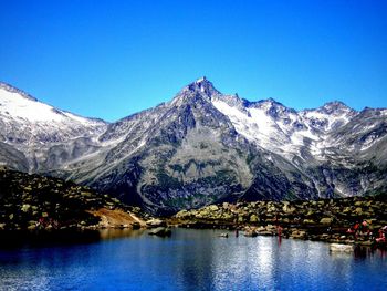 Scenic view of lake and mountain against clear blue sky