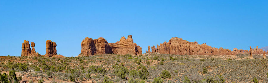 Low angle view of rock formations against clear blue sky