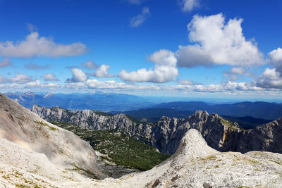 Panoramic view of landscape and mountains against blue sky