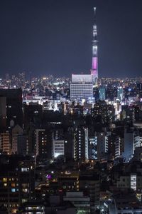 View of skyscrapers lit up at night