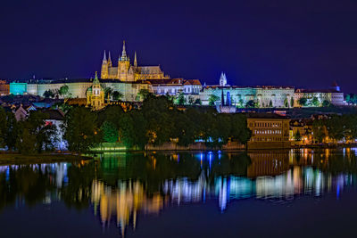 Reflection of illuminated buildings in water at night