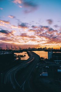 High angle view of cityscape against sky during sunset