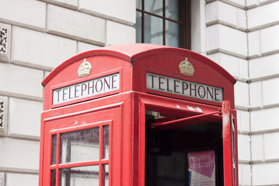 Close-up of red telephone booth