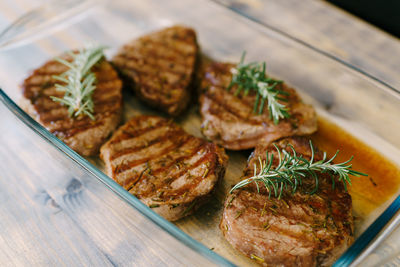 High angle view of food in plate on table