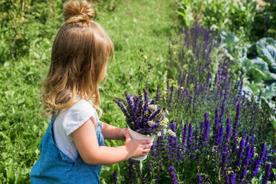 Rear view of woman with purple flowers on field