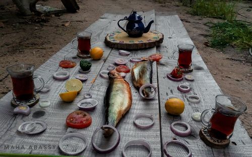 High angle view of fruits on table