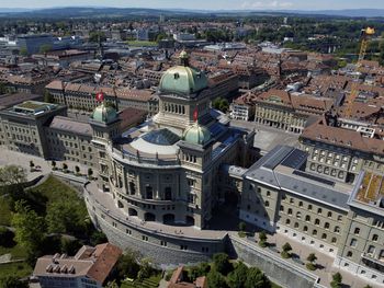 High angle view of buildings in city