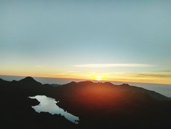 Scenic view of silhouette mountain against sky during sunset