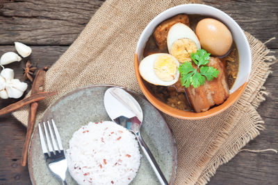 High angle view of breakfast served on table