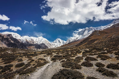 Scenic view of snowcapped mountains against sky