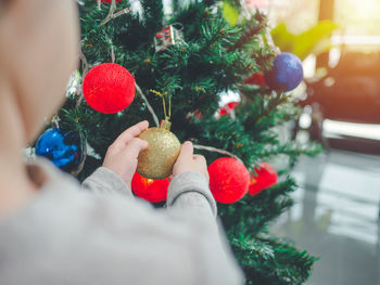 Close-up of boy touching christmas tree