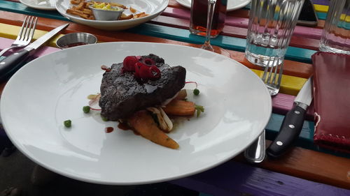 High angle view of food in plate on table