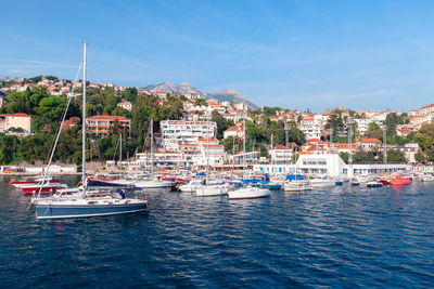 Coastal town herceg novi in montenegro . yachts and boats in kotor bay harbor