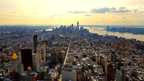 Aerial view of cityscape at sunset