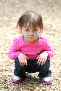 Portrait of cute girl with face paint crouching on field