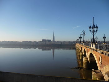 Bridge over river with city in background