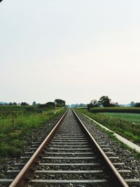 Railroad tracks in field against clear sky