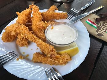High angle view of food in plate on table
