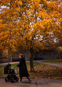 Full length of woman walking while pushing baby stroller in park during autumn
