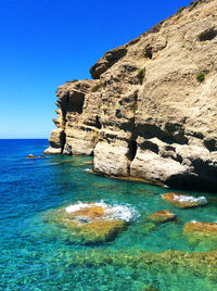 Rock formations by sea against clear blue sky