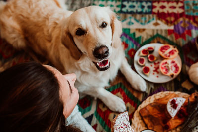 Portrait of dog and woman