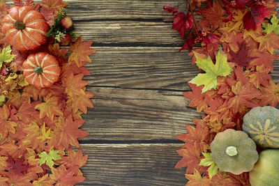 Full frame shot of red leaves on wood
