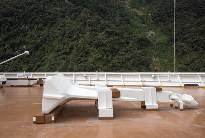 Empty chairs and tables against trees in forest