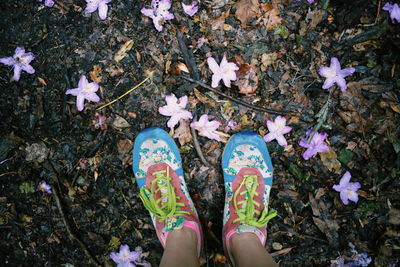 Low section of woman with autumn leaves