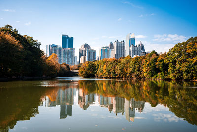 Reflection of buildings in lake