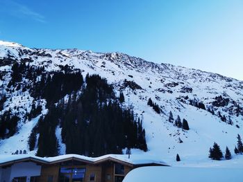 Scenic view of snowcapped mountains against clear sky