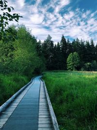 Railroad track amidst trees on field against sky