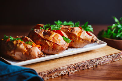 Close-up of food served on table