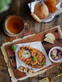 High angle view of breakfast on table