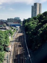 High angle view of railroad tracks amidst buildings in city