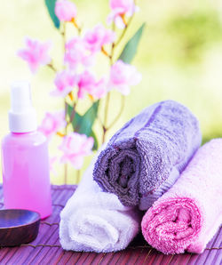 Close-up of pink flowers in bottle