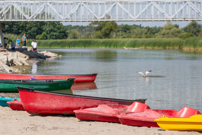 Boats moored in a river